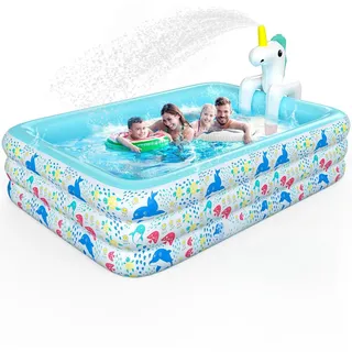 Skirfy Aufblasbarer Pool mit Sprinkler, 300 x 180 x 60 cm XXL Gartenpool, Verdickter Kinderpool für Erwachsene & Kinder, Sommer Outdoor Pool für Garten