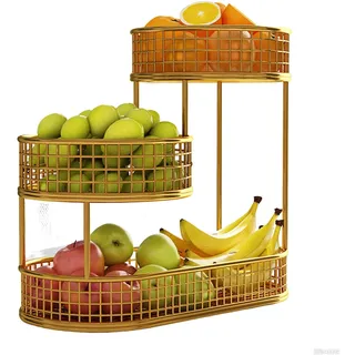 Obstkorb Etagere 3 Stöckig Fruit Basket Obstschale Obstaufbewahrung für Mehr Platz auf der Arbeitsplatte - Hält Obst & Gemüse Frisch - Metall Obstständer (Gold, 34X33X17cm)