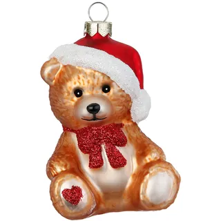 Holly & Jolly - Weihnachtskugel Teddybär, ca. 7 cm | Christbaumkugel aus Glas, handbemalt, Weihnachtsbaumschmuck in Braun und Rot, beglittert, Weihnachtsdeko für Innen