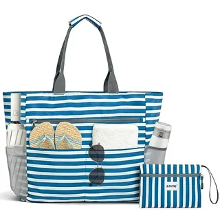 Zinueen Strandtasche XXL Familie & Badetasche Damen XXL - Faltbare Schwimmbadtasche 50x35x20cm mit Reißverschluss, 12 Taschen & wasserdichtem Fach für Strand, Pool, Picknick (Blau)