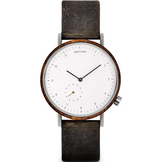 TAKE A SHOT Holzuhr - Holz Armbanduhr für Herren mit grauem Lederarmband, Analoge Herrenuhr mit Gehäuse aus Holz, Durchmesser 42 mm, George