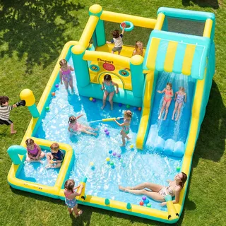 FBSPORT Hüpfburg, 10-in-1 Breite Wasserrutsche Aufblasbarer Wasserpark für Kinder, mit 480W Gebläse, Planschbecken, Sommer-Spielplatz für Hinterhof, Innen- und Außenbereich