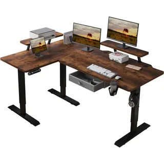 Hilodesk L-Schreibtisch Elektrisch Höhenverstellbar Eckschreibtisch L Förmiger Bürotische Stehpult mit Monitorständer und Schublade 160cm, Brown - Braun