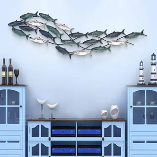 simdennr fischschwarm wanddeko metall für Wohnzimmer, Zuhause,150 x 42 cm | metall deko fische,Fischschwarm-Wanddekoration, großer Fischschwarm, handgefertigte Metall-Wandskulptur, Wanddekoration