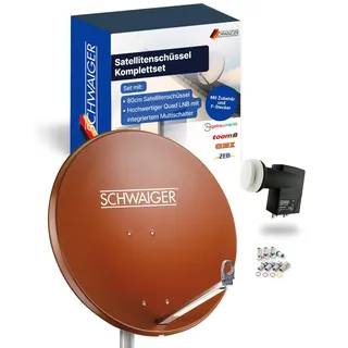 SCHWAIGER Satellitenschüssel Komplettset - Ø 80 cm Aluminium Offset Antenne in Ziegelrot - Inkl. Quad LNB 4-Fach - Digital HD & 4K Empfang - Integrierte Kabelführung & wetterfest