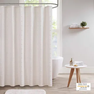 Urban Habitat Brooklyn Cotton Fabric Shower Curtain Jacquard Pom Machine Washable Shabby Chic Modern Home Bathroom Décor Bathtub Privacy Screen, 70" x 72", Ivory