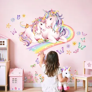 Tanlaby Einhorn Wandtattoo Regenbogen Groß Wandaufkleber Pony Rosa Blumen Schmetterling Wandsticker Kinderzimmer Mädchen Märchenhaft Deko für Mädchenzimmer Babyzimmer Schlafzimmer Wohnzimmer