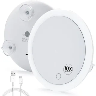 Mavoro 17cm LED Vergrößerungsspiegel mit 3 starken Saugnäpfen | 10X Vergrößerung | Tragbarer beleuchteter Reise Make-up- & Kosmetikspiegel (USB-C wiederaufladbarer integrierter Akku | 10X)