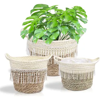 Set aus 3 Blumen Körben - Geflochtener alter Seegras Handgefertigter Pflanzer mit Quaste