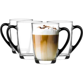 Glasmark KROSNO 1992 Kaffee Glas Kaffeeglas Mit Henkel Teeglas Becher 300 ml Glas Robust Spülmaschinenfest Hochglanz Schwarzer Henkel, Schwarz, Durchsichtig