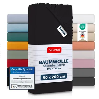 Blumtal® Basics Spannbettlaken für Topper 90x190 cm Jersey im 2er Set - Bettlaken 90x190 cm aus 100% Baumwolle -OEKO-TEX zertifiziertes Spannbetttuch 90x190 cm - Topper Spannbettlaken 90x190 - Schwarz