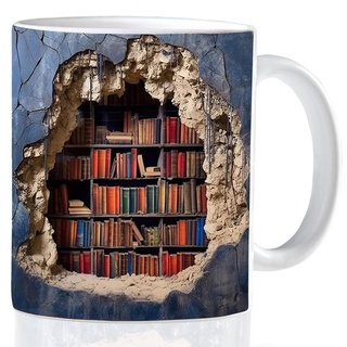 KRUCE 3D Bücherregal Becher Tasse, lustige 3D Buch Keramik Kaffeebecher für Katze und Buch Liebhaber Buch Kaffee Becher Buch Becher Buch Becher