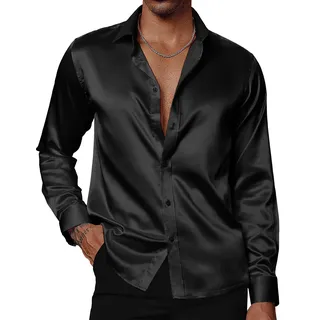 PJ PAUL JONES Herren Glänzende Satin Kleid Shirts Langarm Button Down Seide Hemd mit Fliege, Schwarz, Mittel