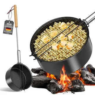 Popcorn-Grillpfanne für Lagerfeuer & Grill, Outdoor Popcorn-Pfanne für Lagerfeuer, Grill und Feuerschale, aus hochwertigen Karbonstahl & Sicherheitsgriff (Schwarz)