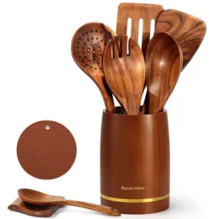 Spardar Küchenutensilien aus Holz, 9 pcs Holzlöffel-Set, mit 6 Kochlöffeln aus Teakholz, Löffelablage, 3.3 in Utensilienhalter, als Küchendekoration und Einweihungsgeschenk
