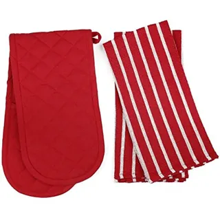 Penguin Home Hitzebeständige Ofenhandschuhe mit 2er-Set, Geschirrtuch-Ofenhandschuhe, Lange Manschetten, Backhandschuhe zum Kochen, (rot), Größe – (18 x 90 und 65 x 45 cm)