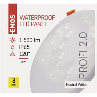 EMOS LED Panel Einbauleuchte 18Watt, extra-flacher 1530 lm runder Einbaustrahler, Neutralweiß IP65 wasserdicht für Feuchträume oder Außen, weiß, Durchmesser 18,5 cm, rahmenlos