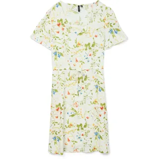 Minikleid VERO MODA "VMEASY JOY SS SHORT DRESS WVN GA", Damen, Gr. S, N-Gr, weiß (snow weiß aop:phoebe), Web, Obermaterial: 100% Viskose, bedruckt, regular fit kurz, V-Ausschnitt, Kleider Minikleid, Viskose, regular fit