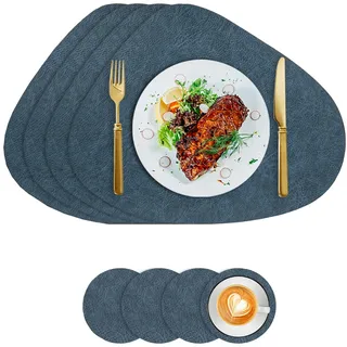 Tischsets Kunstleder und Untersetzer, Tischsets Abwaschbar Doppelseitigen rutschfest Rund Platzdeckchen, Lederoptik Platzsets Teller Untersetzer, Isolierung schützt den Tisch (Blau-Gelb)
