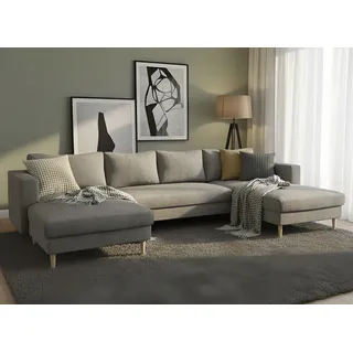 Wohnlandschaft TRENDMANUFAKTUR "Amazing, wahlw. mit Schlaffunktion & Bettkasten, Fuß Buche lackiert", betongrau, B:305cm H:81cm T:161cm, Sofas, Wohnlandschaft, Sofa in U-Form, in Cord oder Struktur, Breite 305 cm