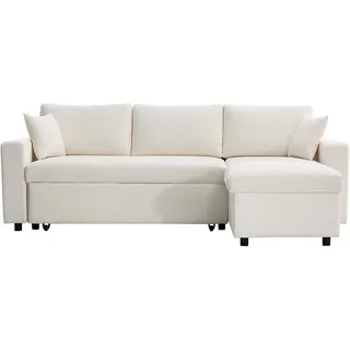LOUNGITUDE - Maria – Ecksofa wendbar – ausziehbar – 3-Sitzer – Truhe – aus Samt – Ecru – L 227 cm