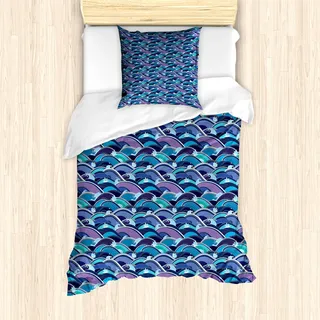 ABAKUHAUS Ozean Mantele, Wellen des Meeres Lotus, Milbensicher Allergiker geeignet mit Kissenbezügen, 135 cm x 200 cm - 80 x 80 cm, Hellblau Marineblau - Hellblau