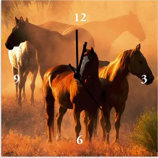 ARTland Wanduhr auf Alu Quarzuhr - schwarzer Zeiger Friedliche Versammlung - Pferde Größe: 30x30 cm - Ocker