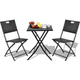 Clevich Bistro Gartenmöbel Set 3 Teilig Rattan, Balkonmöbel Rattan mit 1 Klapptische und 2 Stühle, Balkonmöbel Kleiner Balkon, Klappbar Sitzgruppe, Klappmöbel für Balkon,Terrasse und Garten (Schwarz)