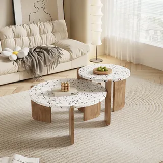 Fortuna Lai 2er Set Couchtisch, Beistelltisch Set mit Holzbeine, rund Satztisch Set, Weiß Wohnzimmertisch Design Satztische 70x70x35/50x50x45.5cm - Weiß