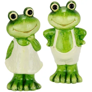 Flair Flower Deko Garten Figur Frosch 2er Set 13cm Terrakotta Grün mit Kleid und Hose Dekofigur Märchenfrosch Gartendeko Tierfigur für Frühling Sommer Herbst Statue Gartenfigur