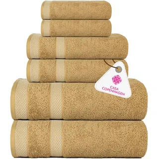 Casa Copenhagen Solitaire 6-teiliges Handtuch-Set – Beige, 600 g/m2, 2 Badetücher, 2 Handtücher, 2 Waschlappen aus weicher ägyptischer Baumwolle für Badezimmer, Küche und Dusche