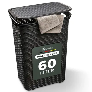 Novaliv Rattan Wäschekorb mit Deckel 60L Schwarz, Wäschebox Wäscheeimer Wäschebehälter modern für Bad Wäsche Schmutzwäsche, Wäschekörbe Schmutzwäschebehälter Wäschetonne Sammler Korb Box