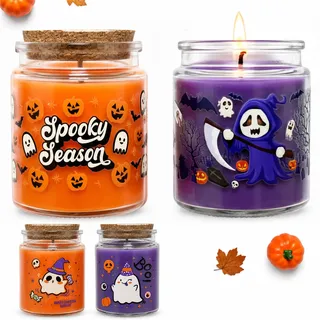 MORAINJAY 2 Stück Halloween Kerzen im Glas on Geist Kürbis Sticker, Natürliches Sojawachs Lila Orange Duftkerze, Handgefertigte Kerze Geschenk Scented Candle Deko für Herbst, Geburtstage, Halloween