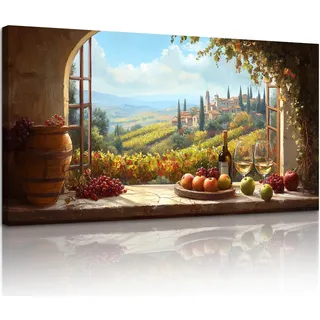 MHARTK66 Fensterblick Landschaft Leinwandbild, 50x100 cm Groß Wandbilder Früchte & Weinglas Esszimmer Bilder Aesthetic, Weinberg Wanddeko Kunstdruck Küche Wohnzimmer Schlafzimmer Flur