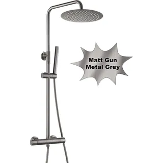 Görbach Regen Duschset mit Duscharmatur Komplettset, Edelstahl Duschsystem mit Thermostat Mischbatterie, Handbrause, Duschstange, Überkopfbrause D25cm Gunmetal Grau