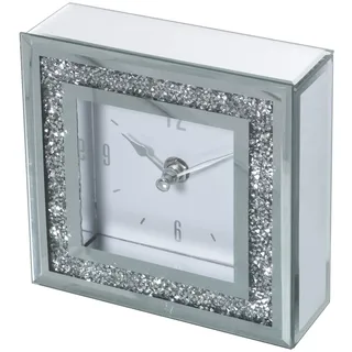 DRW Quadratische Tischuhr mit Spiegel und Strasssteinen, verspiegelt und silberfarben, 14 x 4,5 x 14 cm