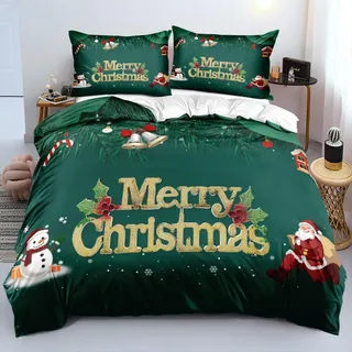 Luowei Bettwäsche Weihnachten 220x240 Weihnachts Grün Gold 3D Weihnachten Bettwäsche Weich Christmas Bettbezug Set 3 Teilig für Jugendliche Jungen Kinder mit Reißverschluss und 2 Kissenbezüge 80x80 cm