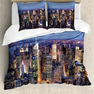 ABAKUHAUS New York Bettbezug Set, New York City Skyline in der Nacht Hudson Manhattan Broadway Wall Street, 155 x 220 cm + 80 x 80 cm, Blau - Blau