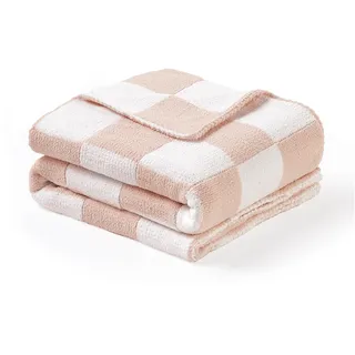 CREVENT Kuschelig weiche warme Chenille-Babydecke für Mädchen Jungen, Neugeborenen-Essentials für Säugling, Baby-Dusche Empfangsgeschenk - Kariert Rosa 75X100cm