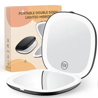 Gospire 3.9" Wiederaufladbar Taschenspiegel mit 1X/10X Vergrößerung, 3 Lichtfarben & Einstellbarer Helligkeit, LED Reisespiegel Klein Schminkspiegel Klappbar Taschenspiegel für Frauen Mädchen, Schwarz