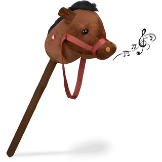 Relaxdays Steckenpferd mit Sound, Kinder, Plüsch & Kunststoff, Höhe 68 cm, niedliches Stockpferd, Stabpferd, dunkelbraun