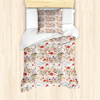ABAKUHAUS Blumen Mantele, Frühlings-Aquarell-Stil, Milbensicher Allergiker geeignet mit Kissenbezügen, 135 cm x 200 cm - 80 x 80 cm, Weiß, Grün, Rosa - Rosa