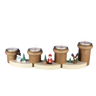 Kunsthandwerk Ullrich Adventsleuchter Schneemann Wichtel & Elch 7-tlg mit Teelichter bunt 32x8cm NEU