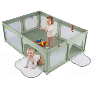 COSTWAY 205 x 147cm Laufstall Baby faltbar, Laufgitter mit 50 Bällen, 2 Türen, atmungsaktivem Netz & Reißverschluss, Laufgitterzelt für Säuglinge & Kleinkinder (Grün, Ohne Matratze)