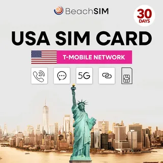 BeachSIM Prepaid USA SIM-Karte 30 Tage. Unbegrenzte 5G-Daten, Anrufe und SMS. T-Mobile-Netz. iOS & Android kompatibel.