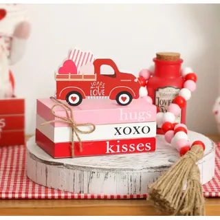 KORMMCO Gestufte Valentinstags-Dekoration, 1 Holzbuchstapel, 1 Perlengirlande für Valentinstag, Umarmung XOXO Kiss Mini-Bücher, Bauernhaus-Valentinstagsdekoration für Tischsims