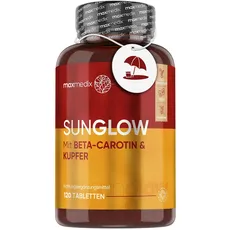 Sunglow Beta Carotin Komplex als Bräunungsbeschleuniger - 120 Tabletten - Vegane Alternative zu Bräunungskapseln - Für Hautpigmentierung & oxidativen Stress mit Kupfer, Zink, Jod, Vitamin A, B3 & B2