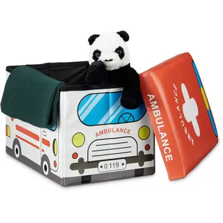 Relaxdays Faltbare Spielzeugkiste Krankenwagen HBT 32 x 48 x 32 cm stabiler Kinder Sitzhocker als Spielzeugbox Kunstleder mit Stauraum ca. 37 l und Deckel zum Abnehmen für Kinderzimmer, Ambulance