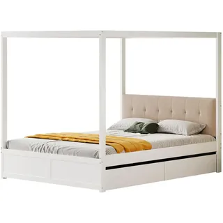 Okwish Himmelbett 140/200 cm weiß mit großen Schubladen und gepolsterter Rückenlehne , Weiß , Holz , 140x200 cm , Schlafzimmer, Betten
