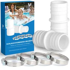 Villkin 2X Schlauchverbinder mit 4X Schlauchschellen für den Pool - Schlauchtülle im 2er Pack (38mm x 38 mm, Weiß)